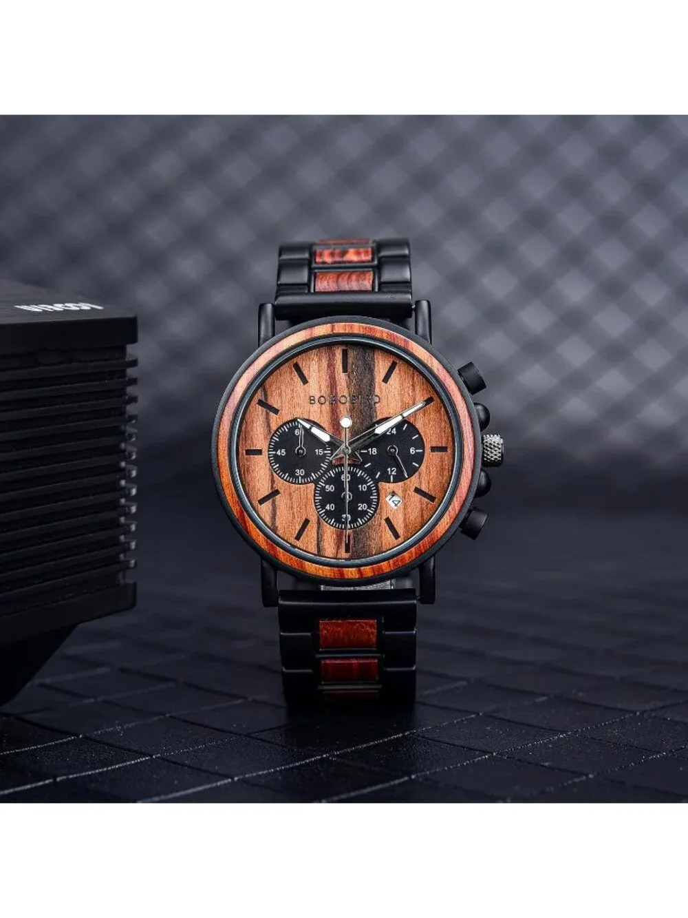 Men's Red Watches Wood & Stainless Steel Combined Chronograph Military Quartz